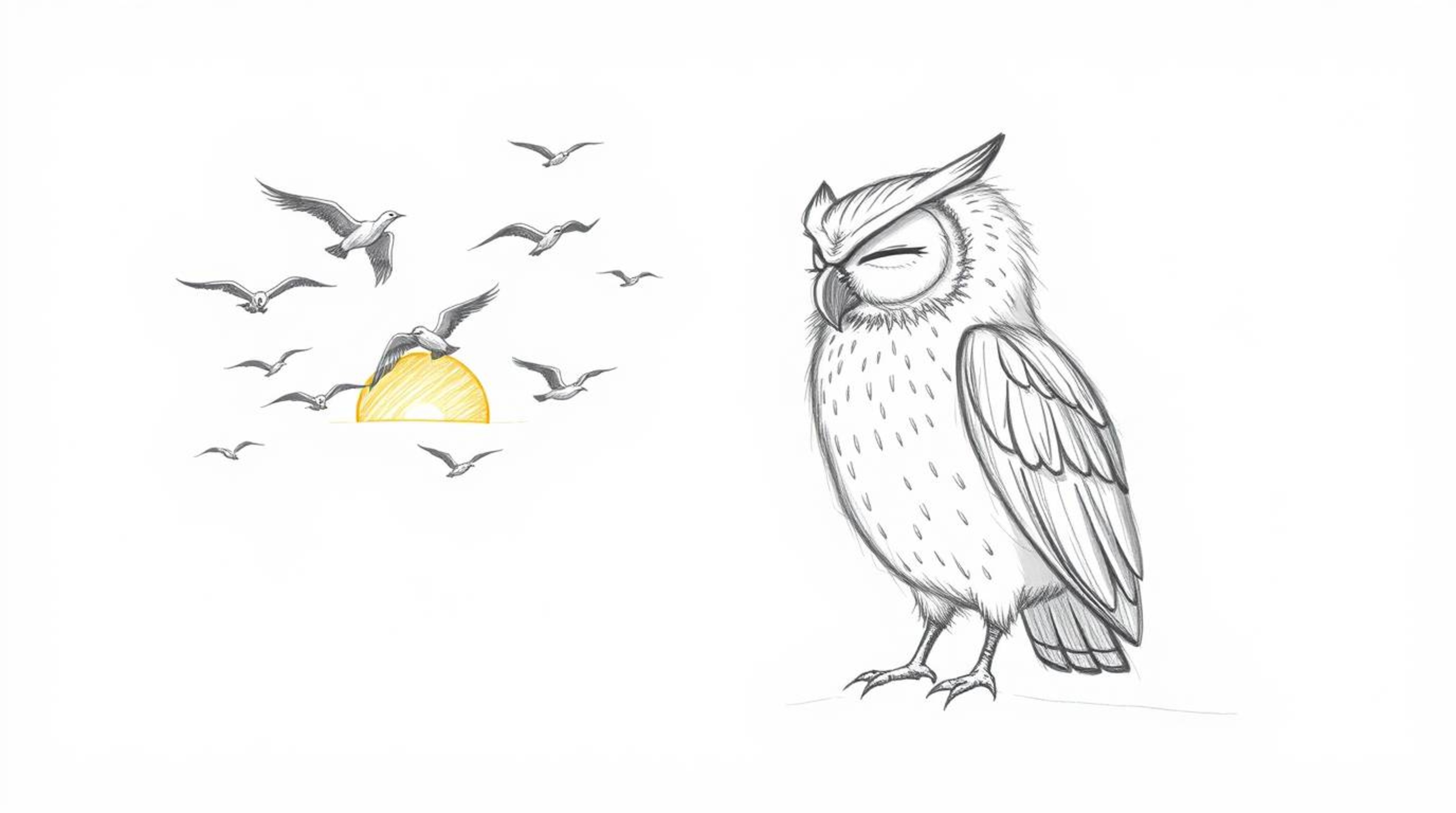 A charming hand-drawn sketch in the style of Pixar depicts a blind owl, its feathers subtly textured, teaching a class of fly