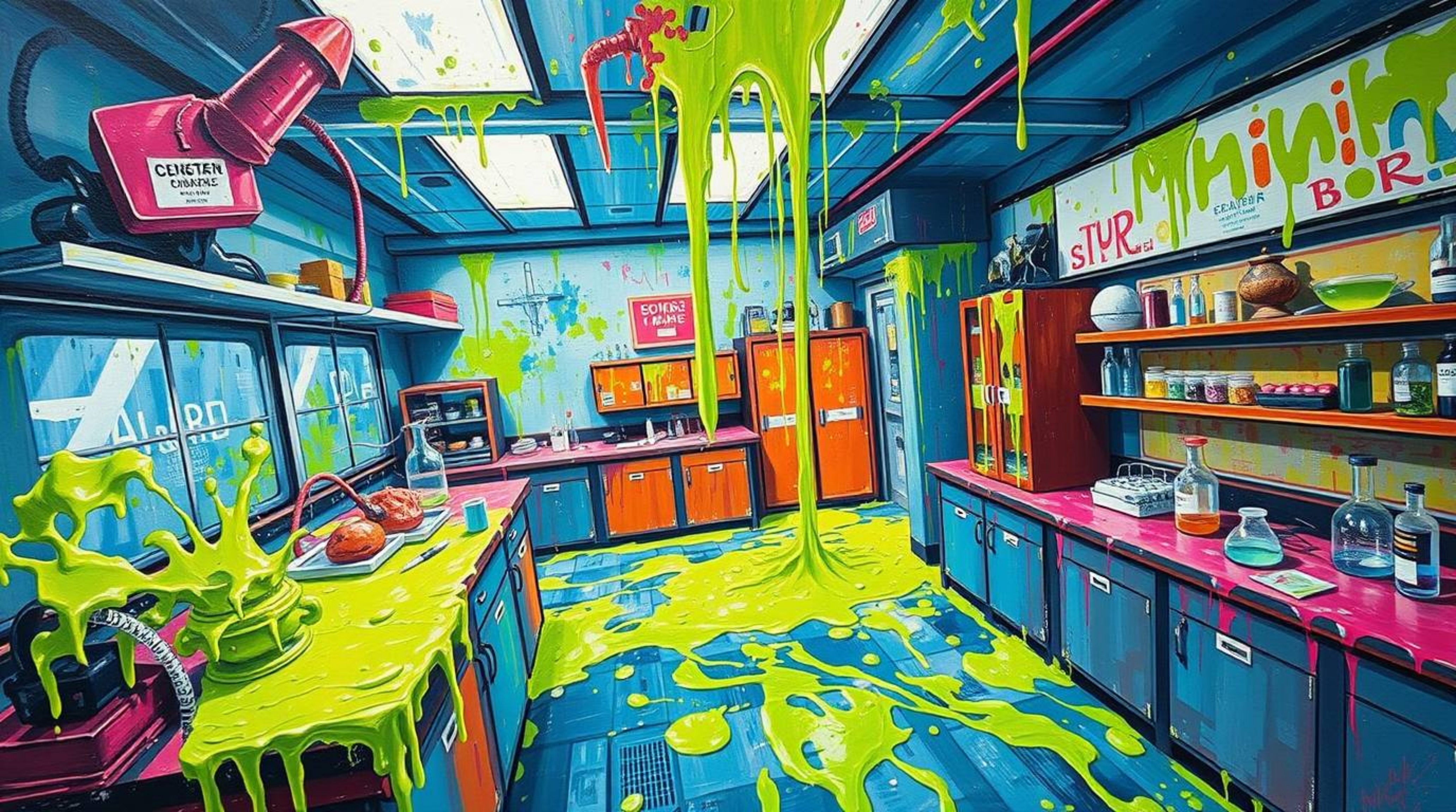 A vibrant, bold acrylic painting depicts a slime-covered science lab from a unique overhead perspective.  Textured brushstrok