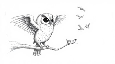 A heartwarming hand-drawn sketch in the style of Pixar portrays a blind owl with soft, feathery textures patiently teaching s