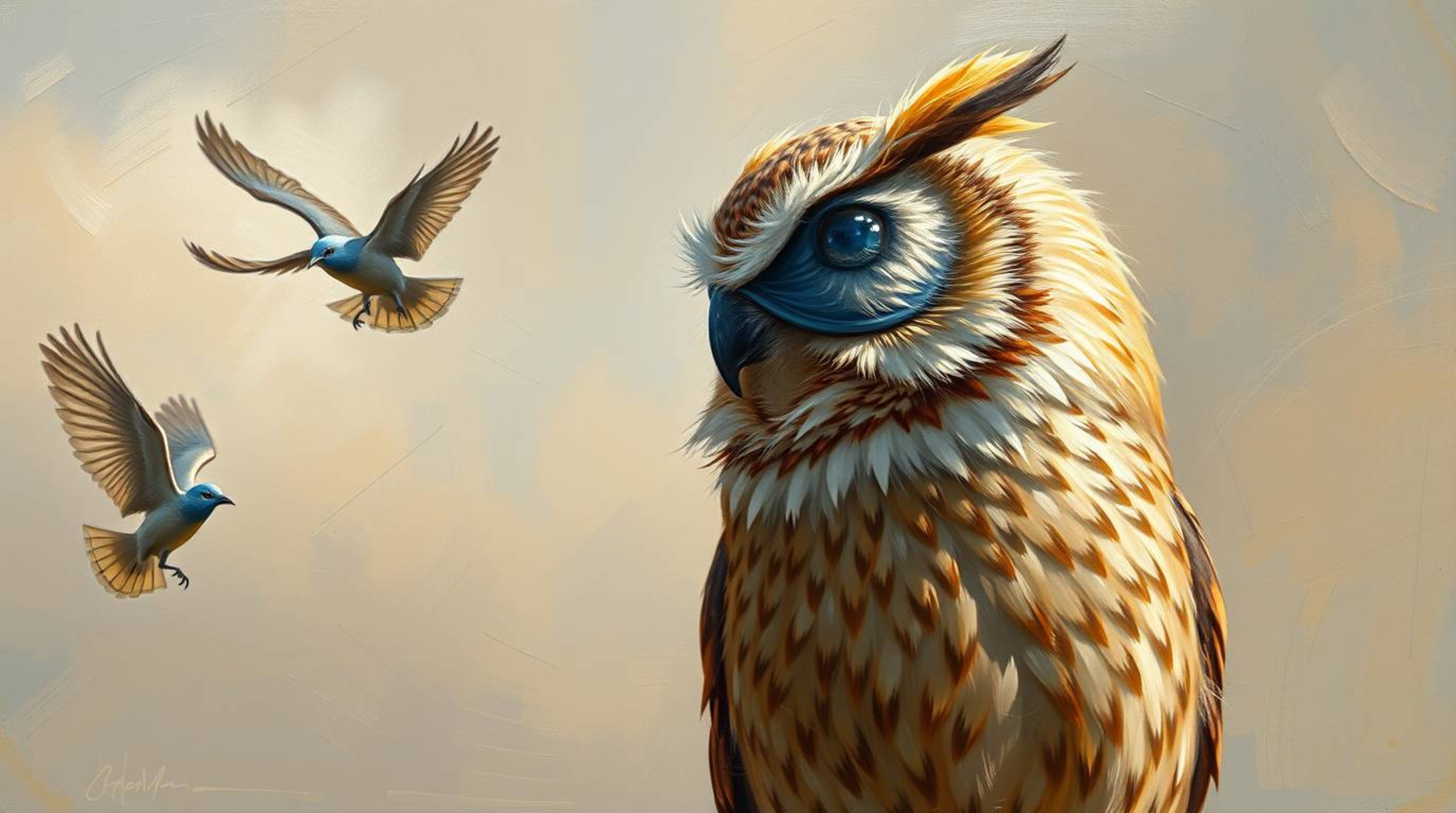 This classic oil painting portrays a captivating scene of a blind owl, rendered in a Pixar-style aesthetic, guiding birds in 