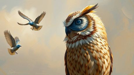 This classic oil painting portrays a captivating scene of a blind owl, rendered in a Pixar-style aesthetic, guiding birds in 
