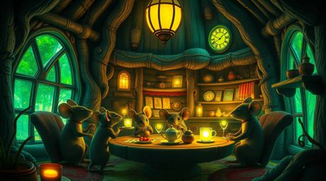 Download this high-resolution stock photo showcasing an epic scene: anthropomorphic mice enjoying tea inside a massive, glowi