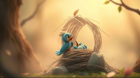 Experience a surreal and dreamlike image featuring two cartoon birds diligently building a nest in a classic animation style.