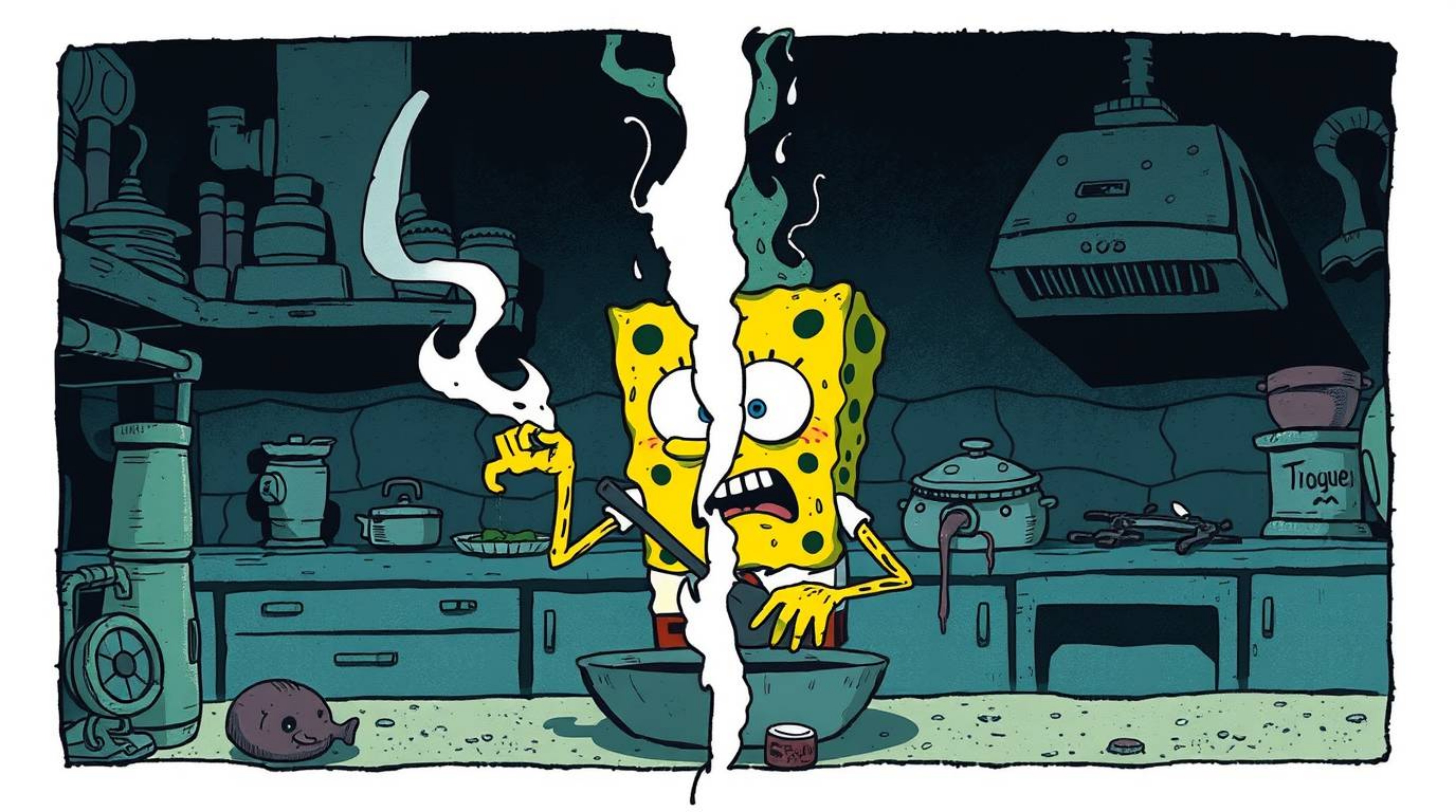 This collection features distinctly split eerie and creepy illustrations of a sponge character cooking in an underwater kitch