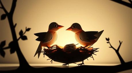 Delightful imagery of two cartoon birds meticulously constructing a nest, rendered in a captivating origami style.  The intri