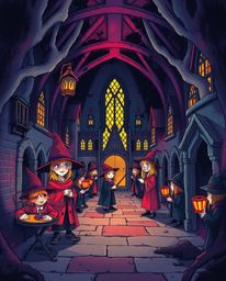 Explore a magical school teeming with young wizards, vividly illustrated with a focus on complementary colors that create an