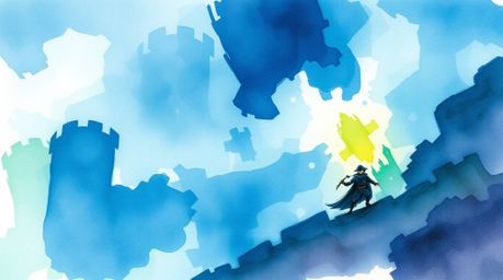 A delicate watercolor painting depicts a thief infiltrating a heavily guarded castle. The artwork features cool, creative lig