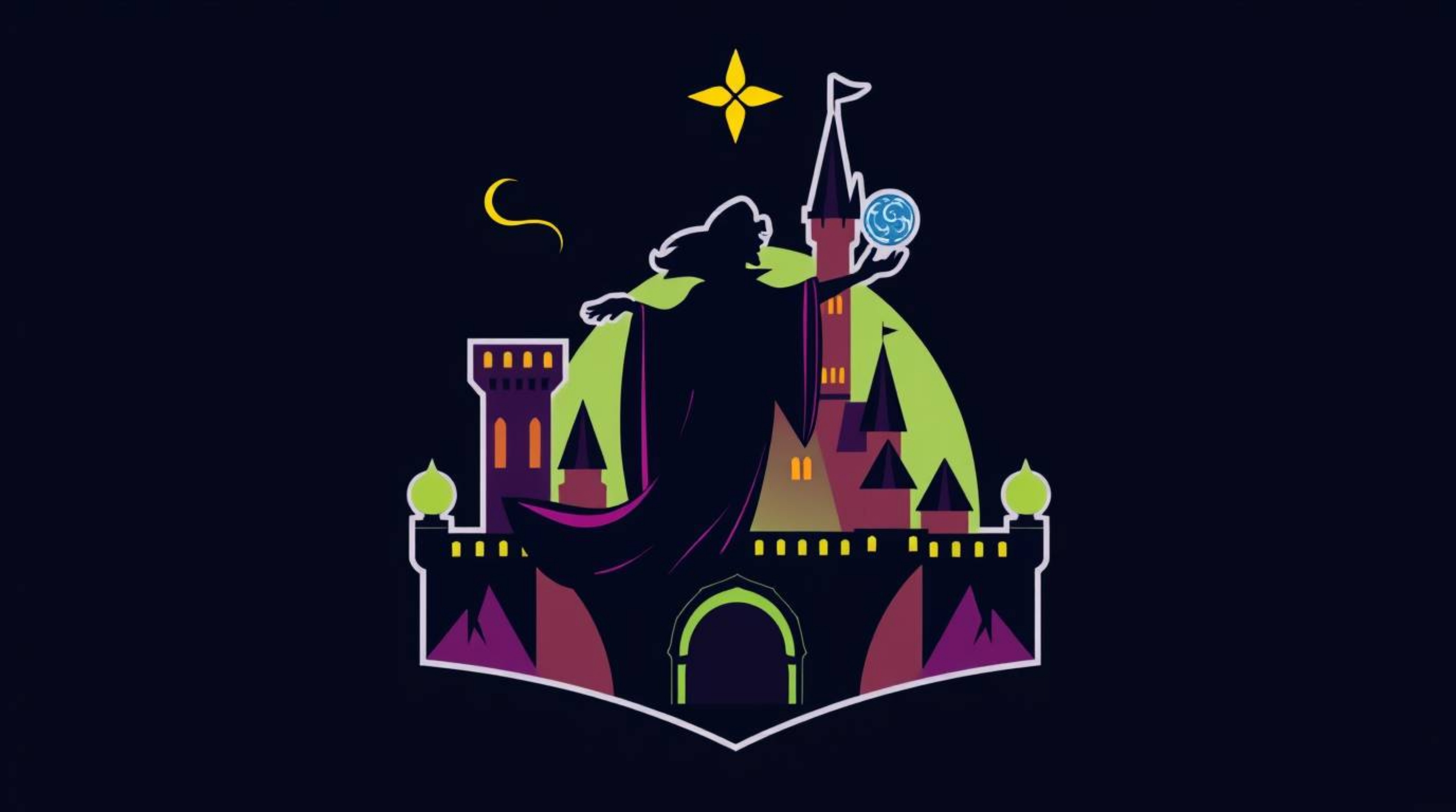 A captivating geometric logo featuring a classic Disney villain's silhouette casting a spell within a stylized castle.  The d