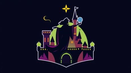 A captivating geometric logo featuring a classic Disney villain's silhouette casting a spell within a stylized castle.  The d