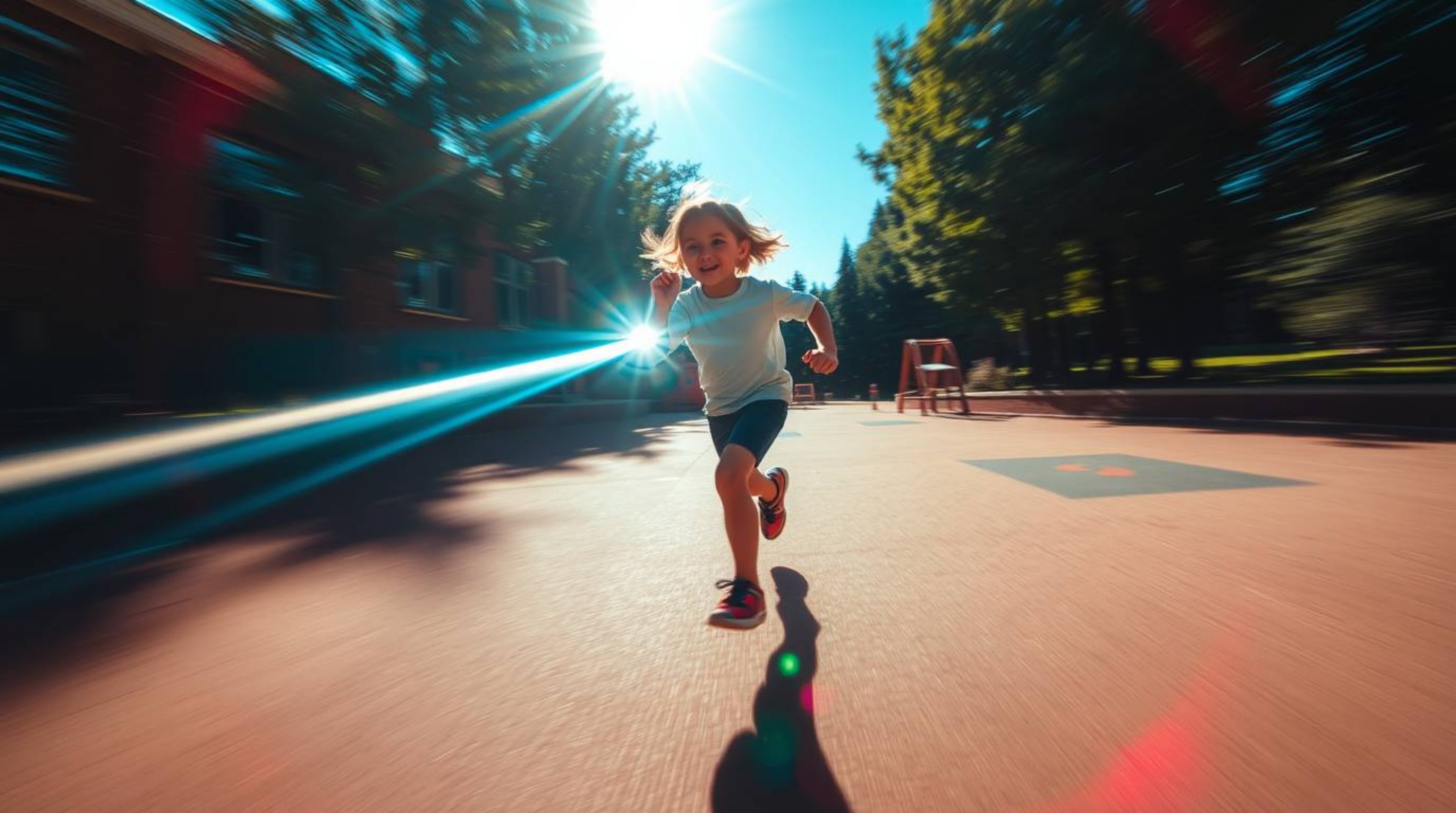 Experience a dramatic slow-motion run through a playground, vividly captured with a bright lens flare and a striking split co