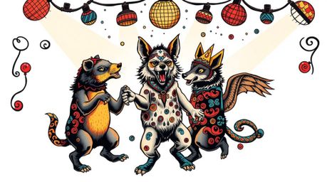 This symbolic traditional tattoo art print captures an animal dance party with disco lights in a high-contrast, low-key light