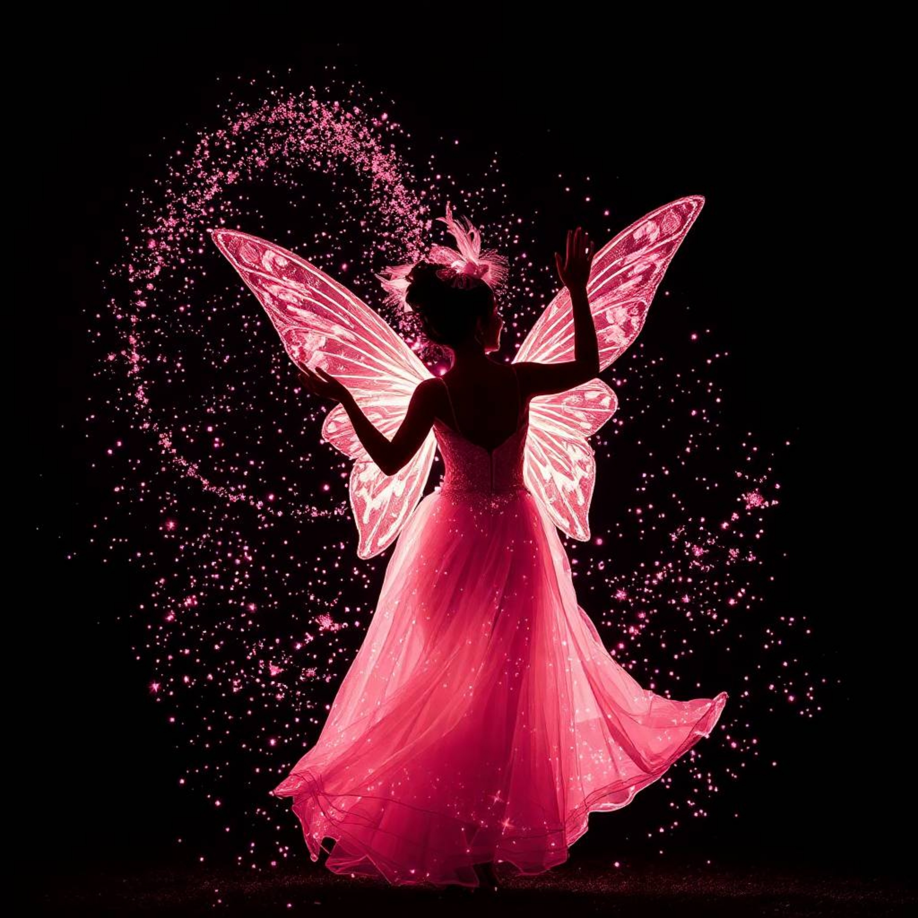 This image captures a magical moment of a fairy godmother appearing in a swirl of sparkles, illuminated from behind to showca