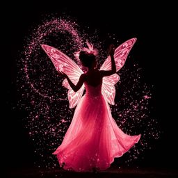 This image captures a magical moment of a fairy godmother appearing in a swirl of sparkles, illuminated from behind to showca
