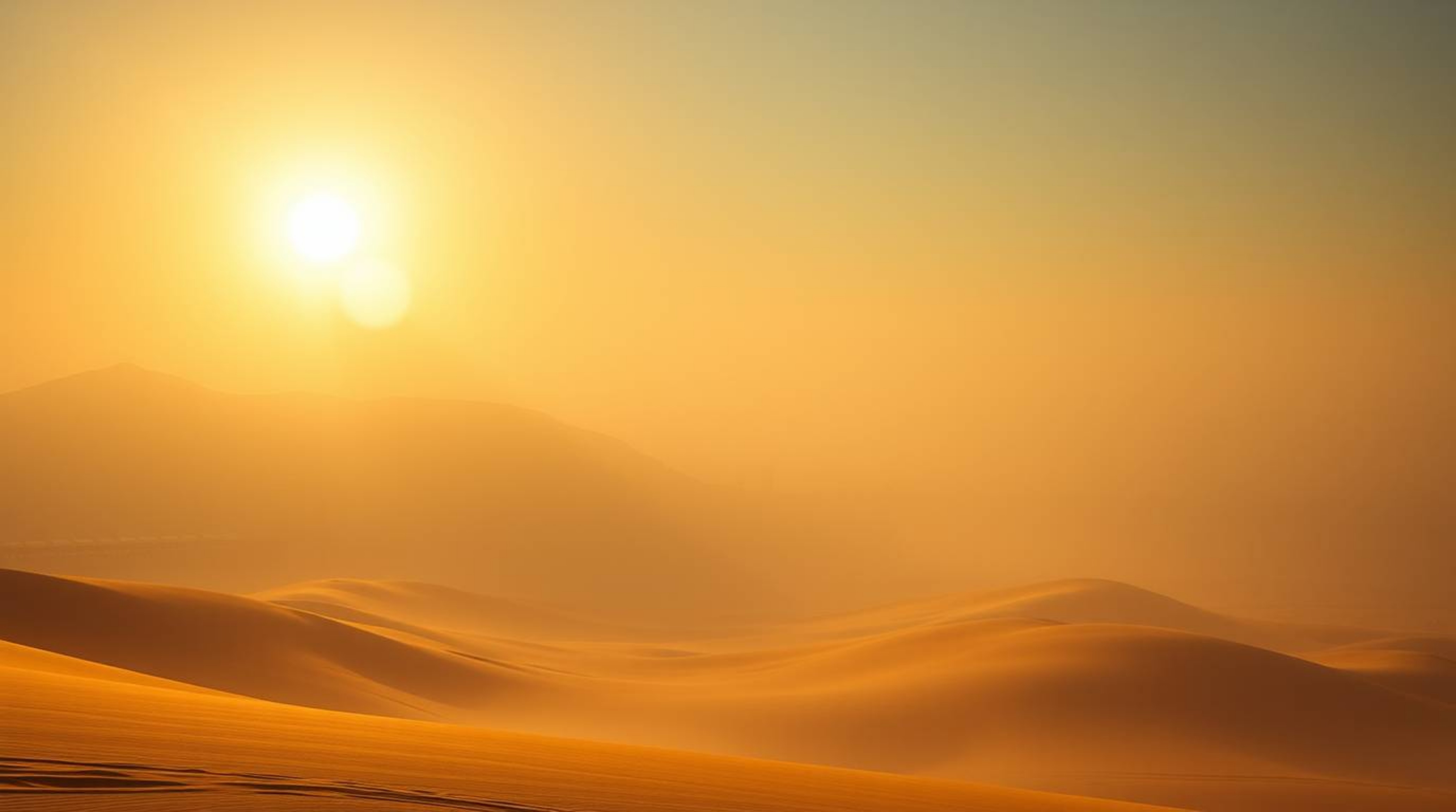 Experience a breathtaking, epic sunset over massive golden dunes in a futuristic desert landscape. Low visibility and thick f