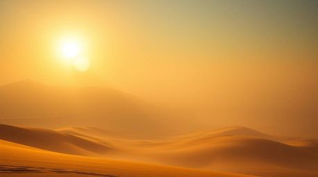 Experience a breathtaking, epic sunset over massive golden dunes in a futuristic desert landscape. Low visibility and thick f
