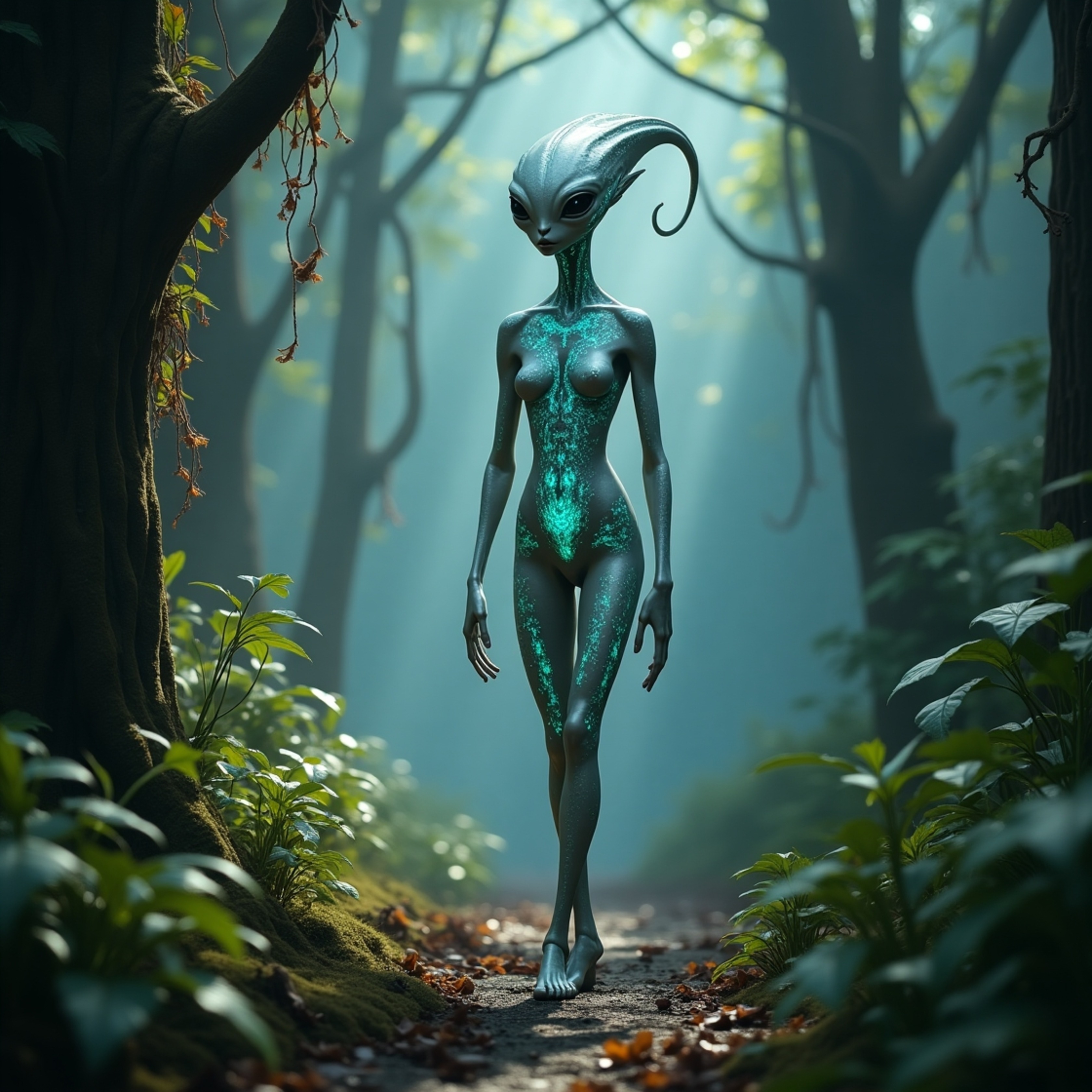 A statuesque alien with iridescent blue and green patterns walks purposefully through a dense jungle. The alien's pale gray s