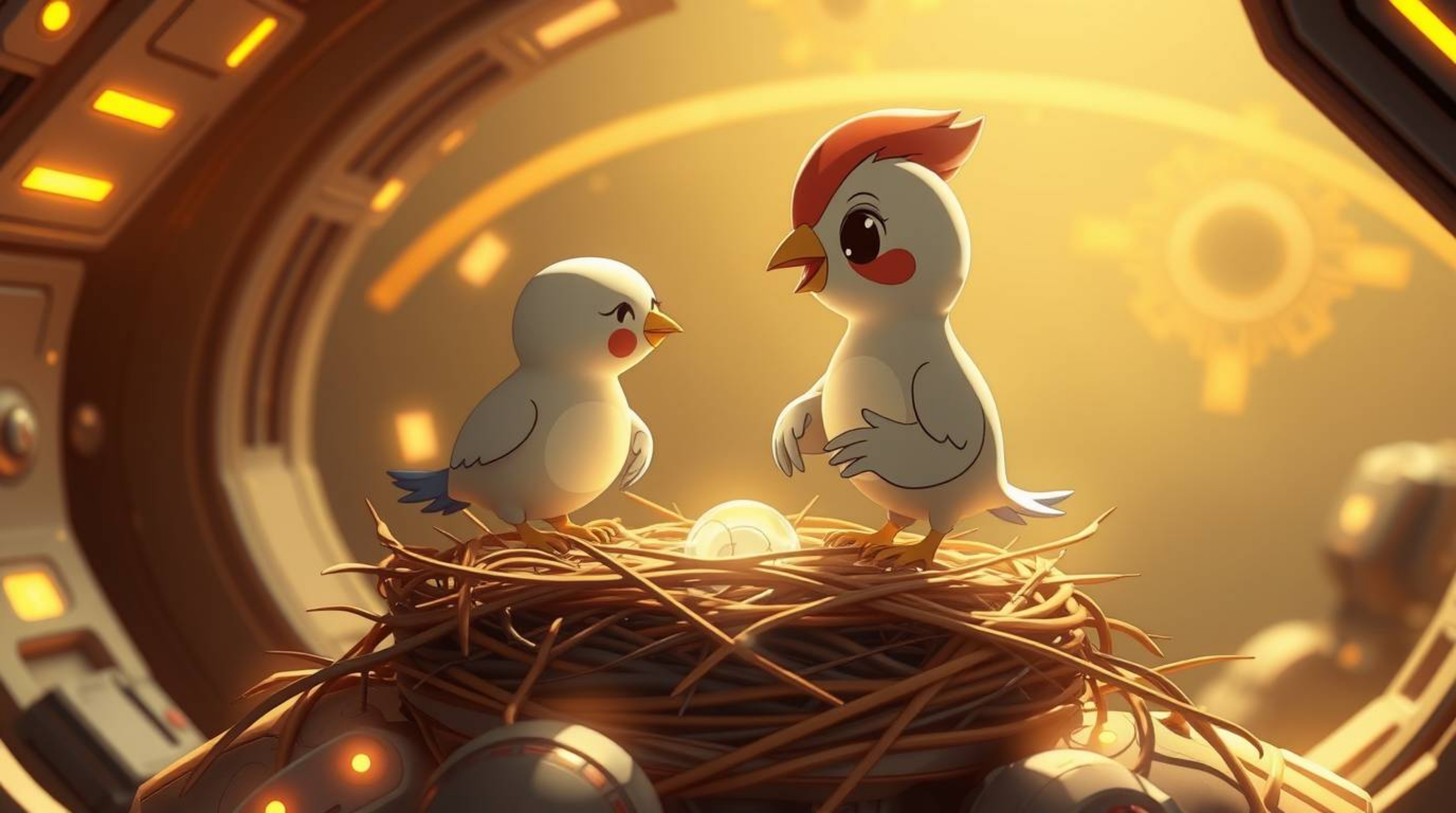 This image showcases a futuristic sci-fi scene with two cartoon birds diligently building a nest in a classic animation style