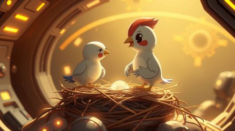 This image showcases a futuristic sci-fi scene with two cartoon birds diligently building a nest in a classic animation style