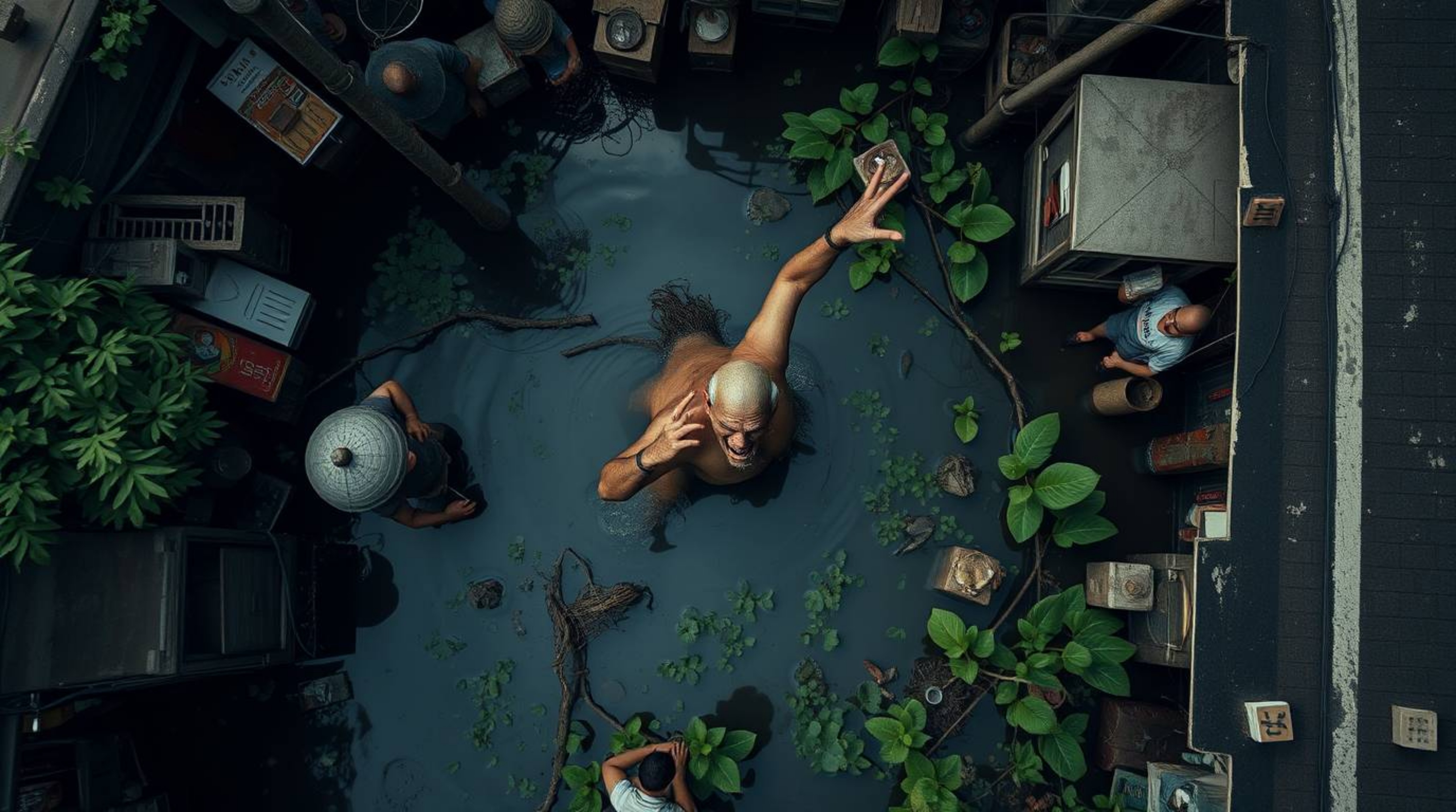 Capture spontaneous candid moments of an ogre dancing in a swamp, set within an urban environment. This unique street photogr