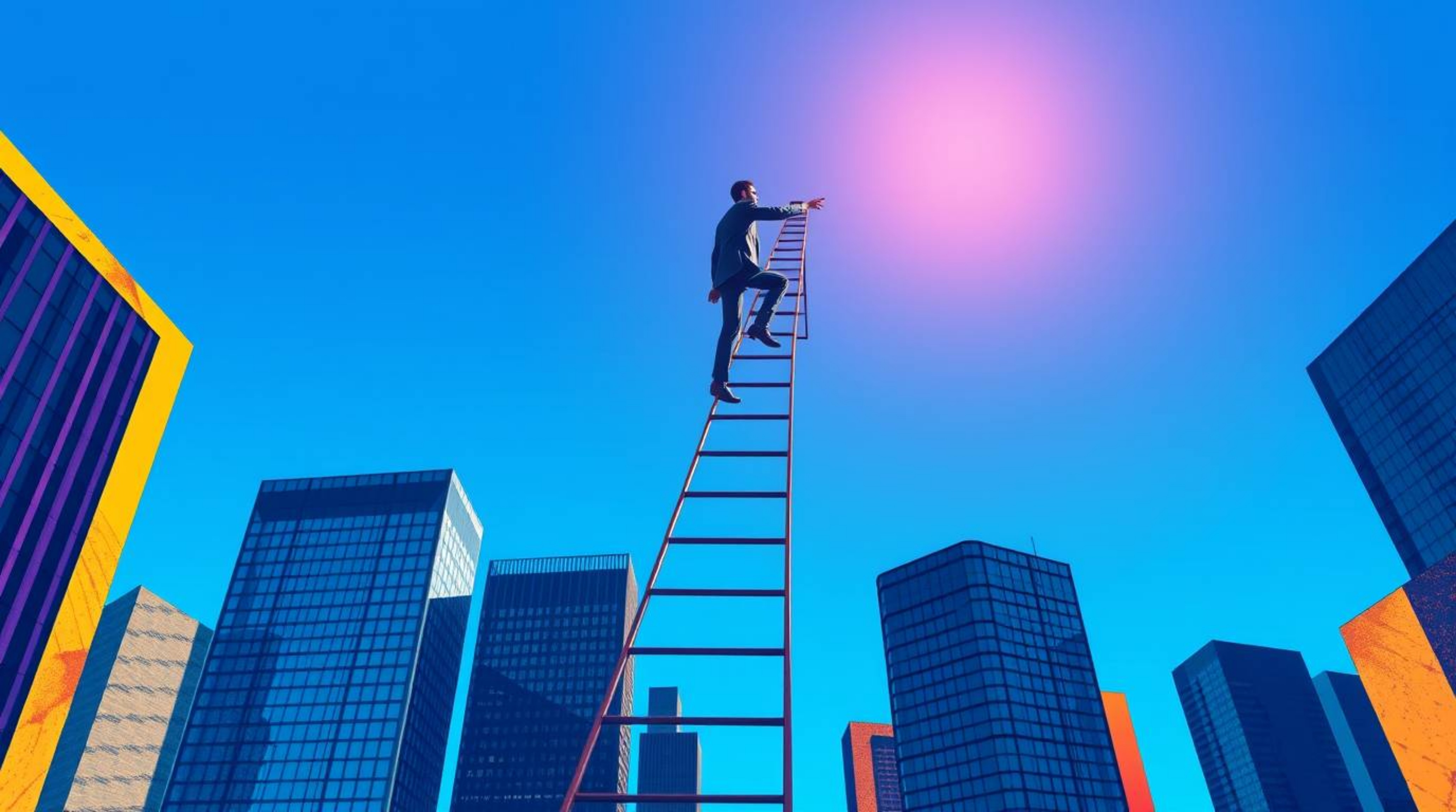 This artwork presents an abstract illustration of a businessperson's journey to success. Depicted climbing a transparent ladd