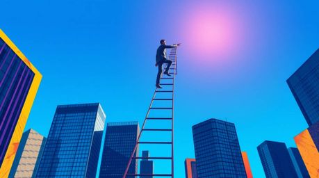 This artwork presents an abstract illustration of a businessperson's journey to success. Depicted climbing a transparent ladd