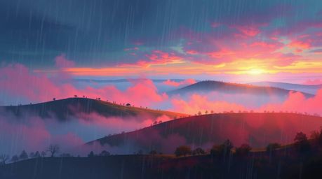 Experience a lively and energetic digital painting featuring vibrant colors, fog-covered hills bathed in the warm glow of a b