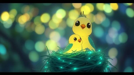 Explore a world of vibrant bioluminescence in this Isekai anime-inspired scene, featuring two cartoon birds building a nest i