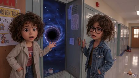 a vibrant and whimsical photograph resembling Pixar's signature style, depicting a duo of excited and disheveled science fair