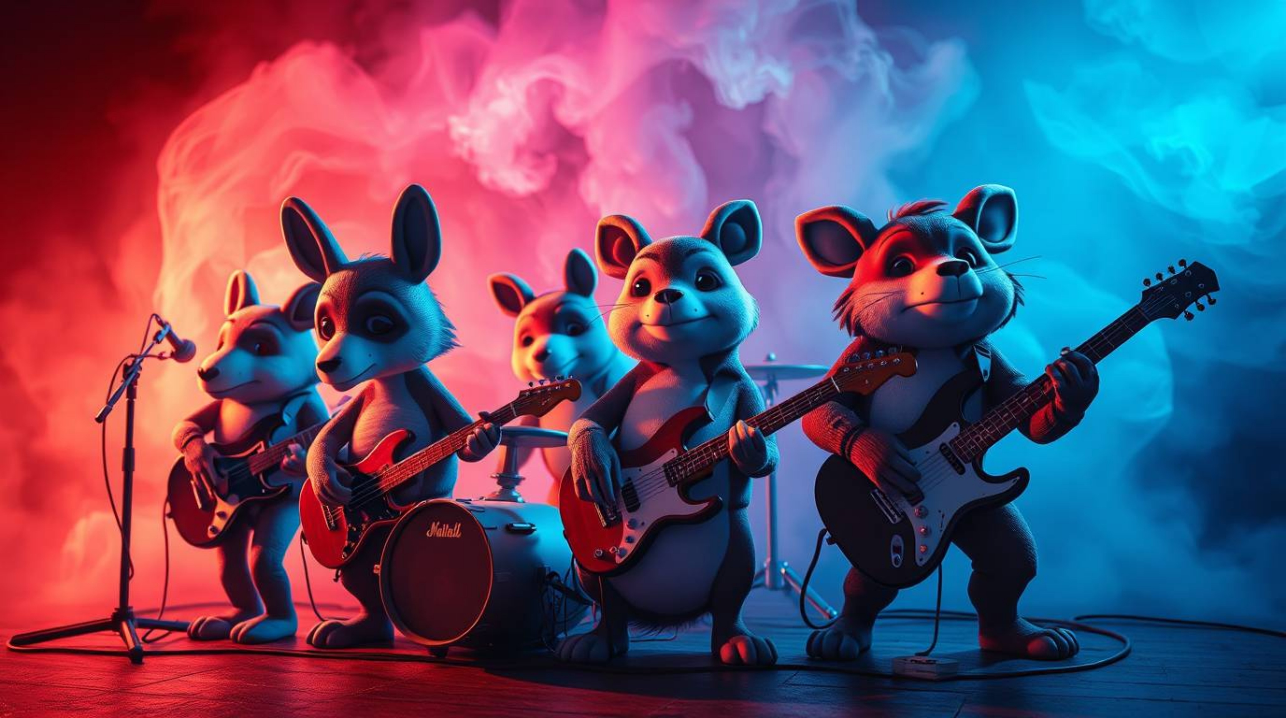 Experience a surreal world where a cartoon band of animals unleashes their rock music in a symphony of creative light art and