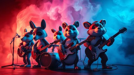 Experience a surreal world where a cartoon band of animals unleashes their rock music in a symphony of creative light art and