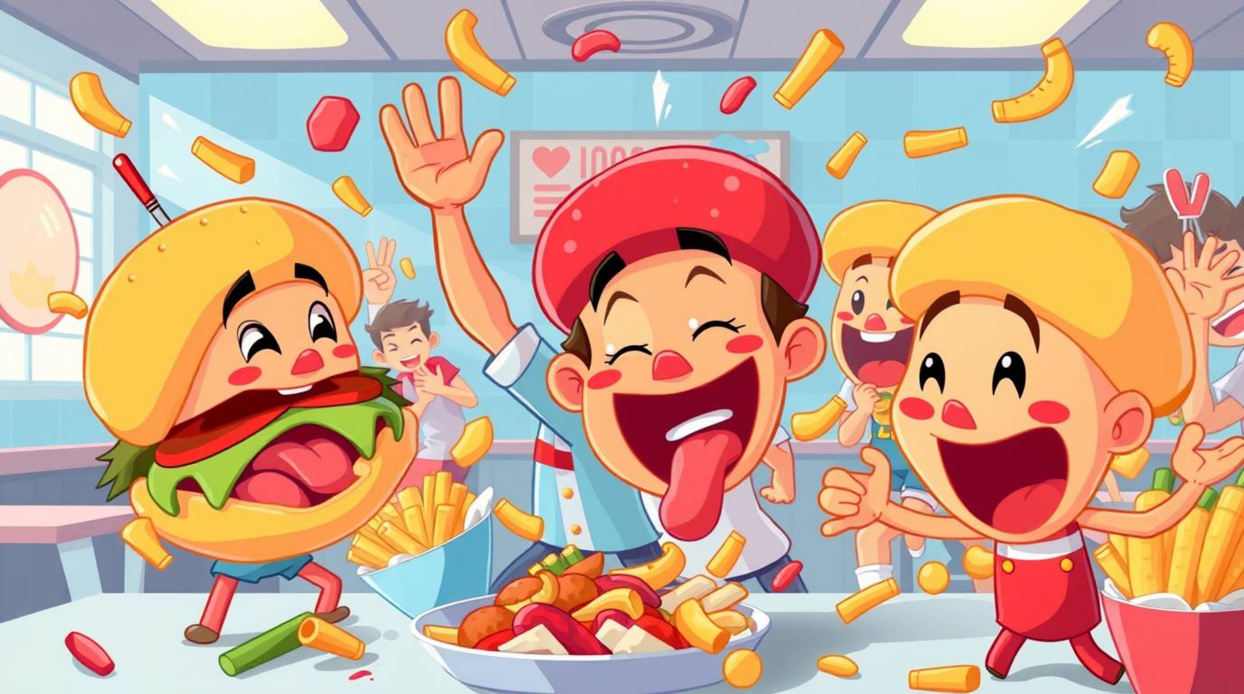 Experience the energy and chaos of a cartoon cafeteria food fight brought to life with bright, saturated colors and lively, e