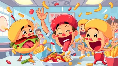 Experience the energy and chaos of a cartoon cafeteria food fight brought to life with bright, saturated colors and lively, e
