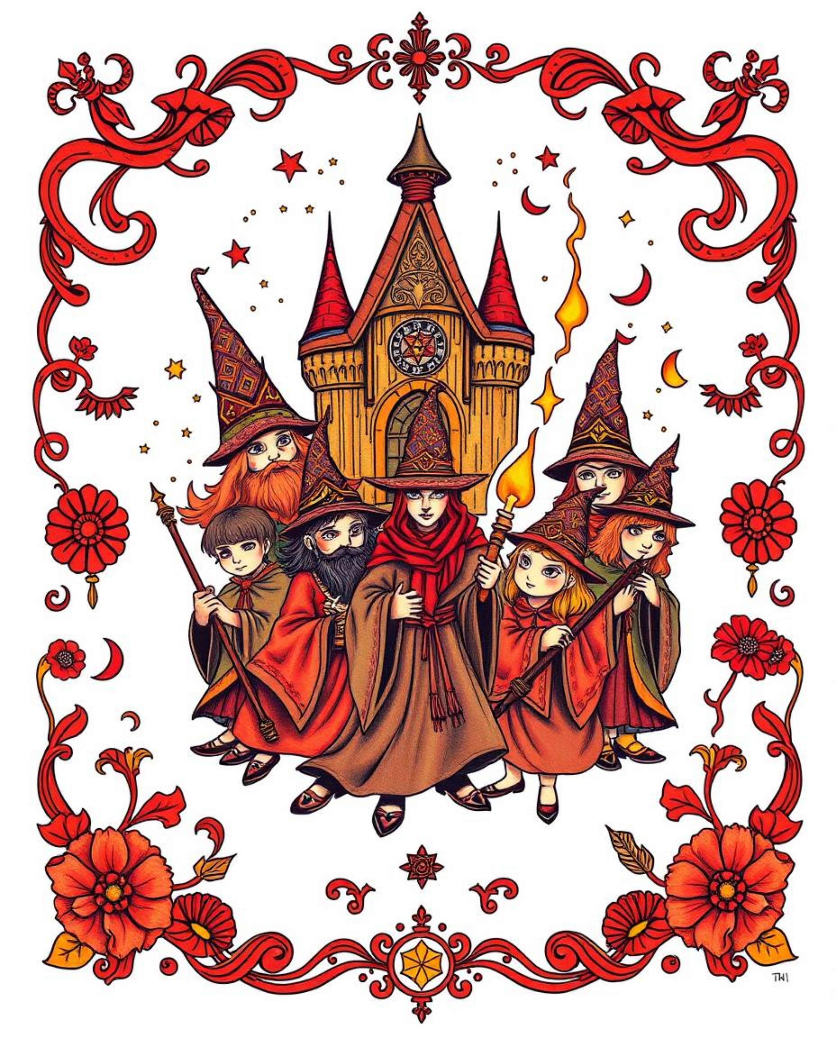 This art print features a warm-toned, symbolic traditional tattoo design with vibrant reds, oranges, and yellows. The complex
