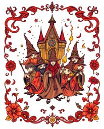This art print features a warm-toned, symbolic traditional tattoo design with vibrant reds, oranges, and yellows. The complex
