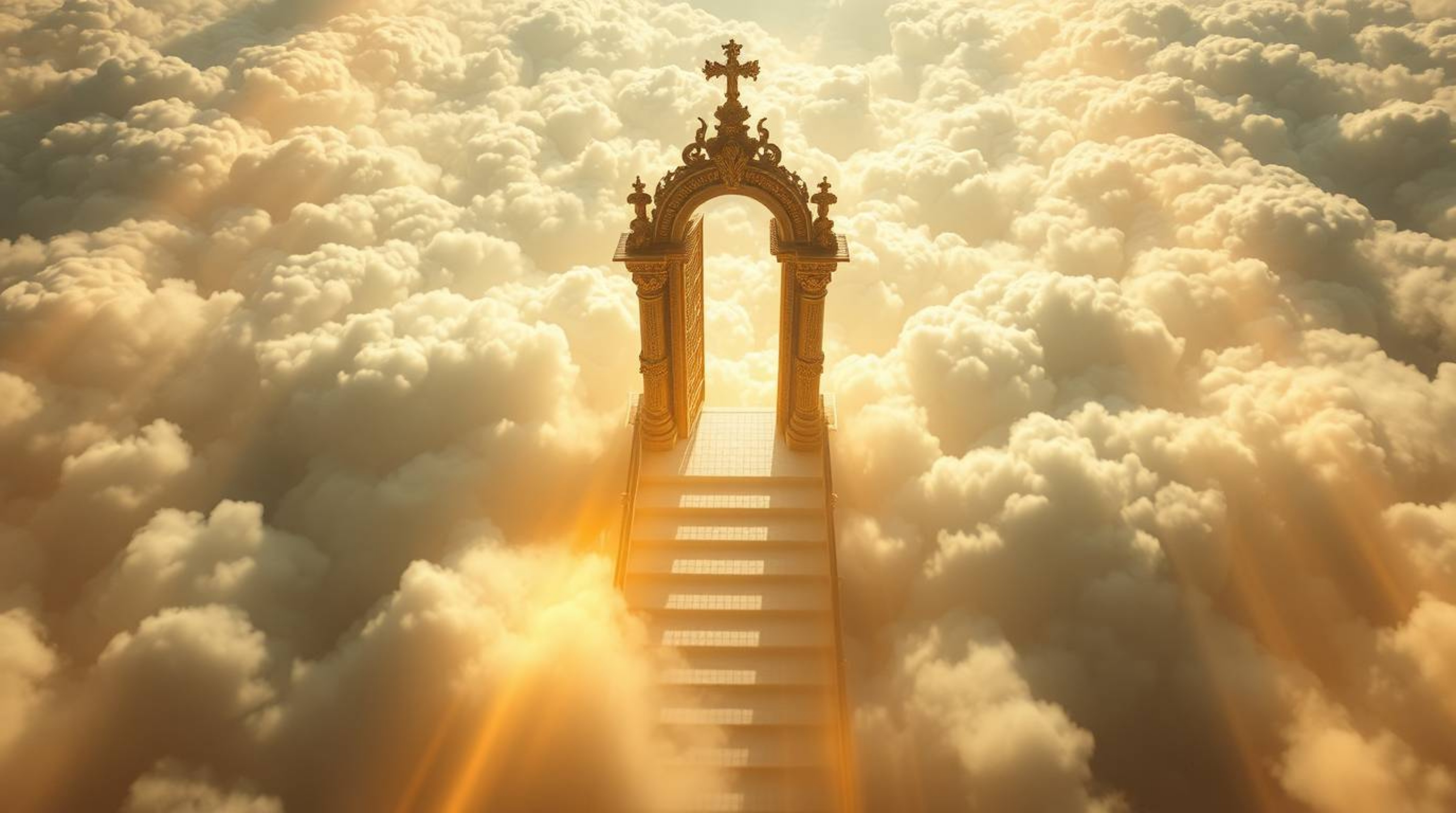 Explore a breathtaking fantasy realism image featuring a heavenly gate floating ethereally above the clouds. Volumetric light