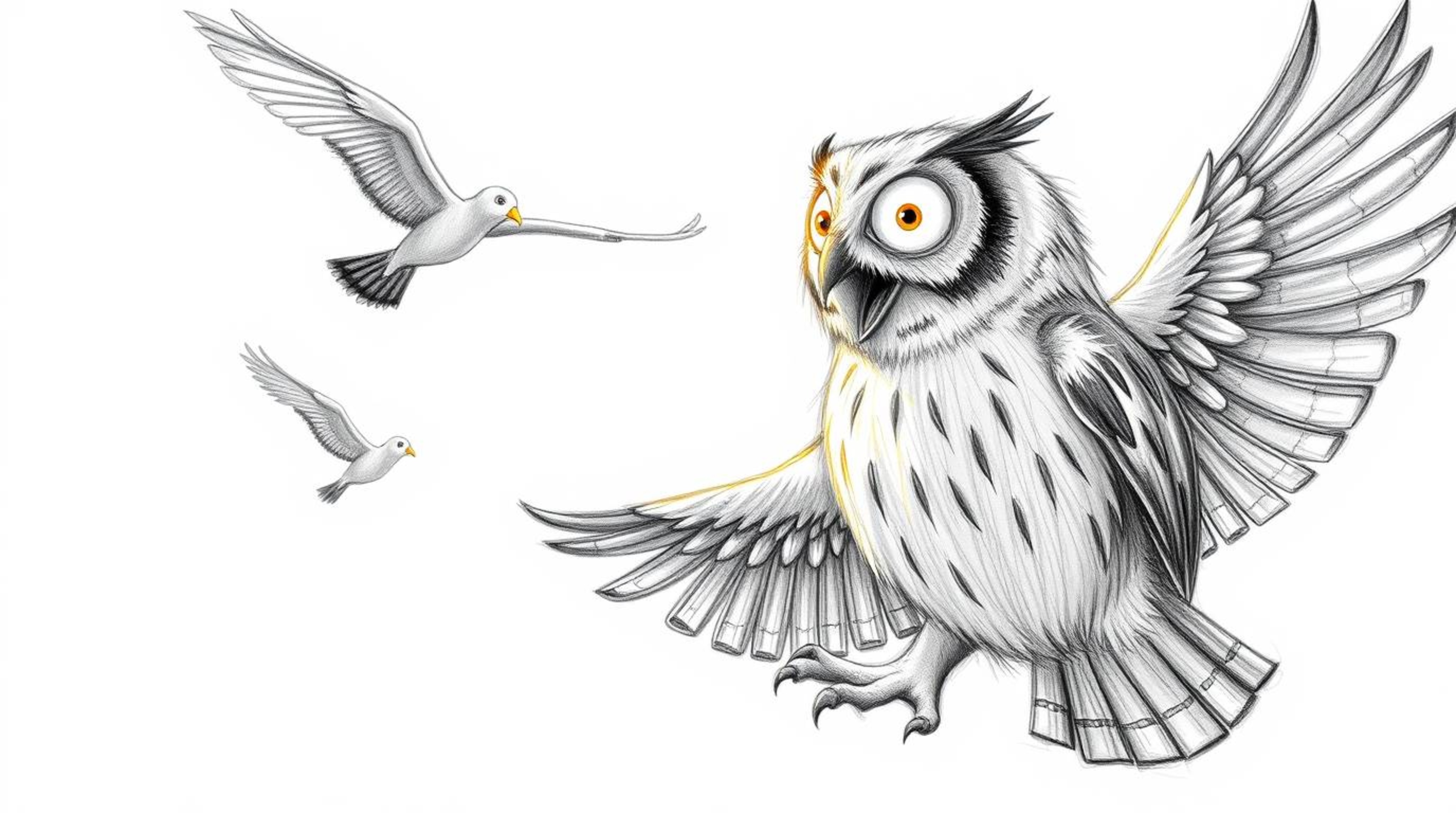 A touching Pixar-style, hand-drawn sketch depicts a blind owl passionately instructing birds in flight.  Textured pencil stro