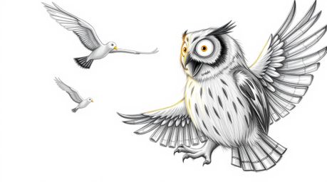A touching Pixar-style, hand-drawn sketch depicts a blind owl passionately instructing birds in flight.  Textured pencil stro