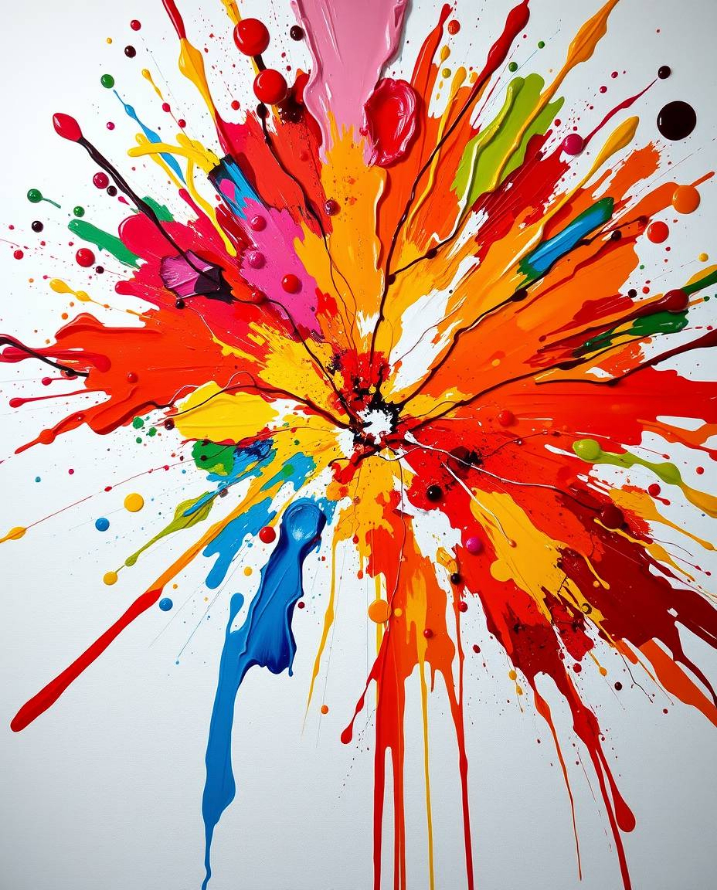 Experience the energy of a vibrant paint explosion captured in bold acrylic on a pristine white canvas. This low-angle view s