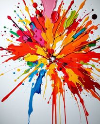 Experience the energy of a vibrant paint explosion captured in bold acrylic on a pristine white canvas. This low-angle view s