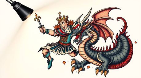A striking tattoo art print depicts a charming prince battling a dragon in a vibrant 1950s animation style.  The artwork feat