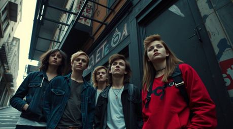 A dramatic, high-resolution stock photo depicting rebellious teens in a grungy city alley. Shot from a low angle, this profes