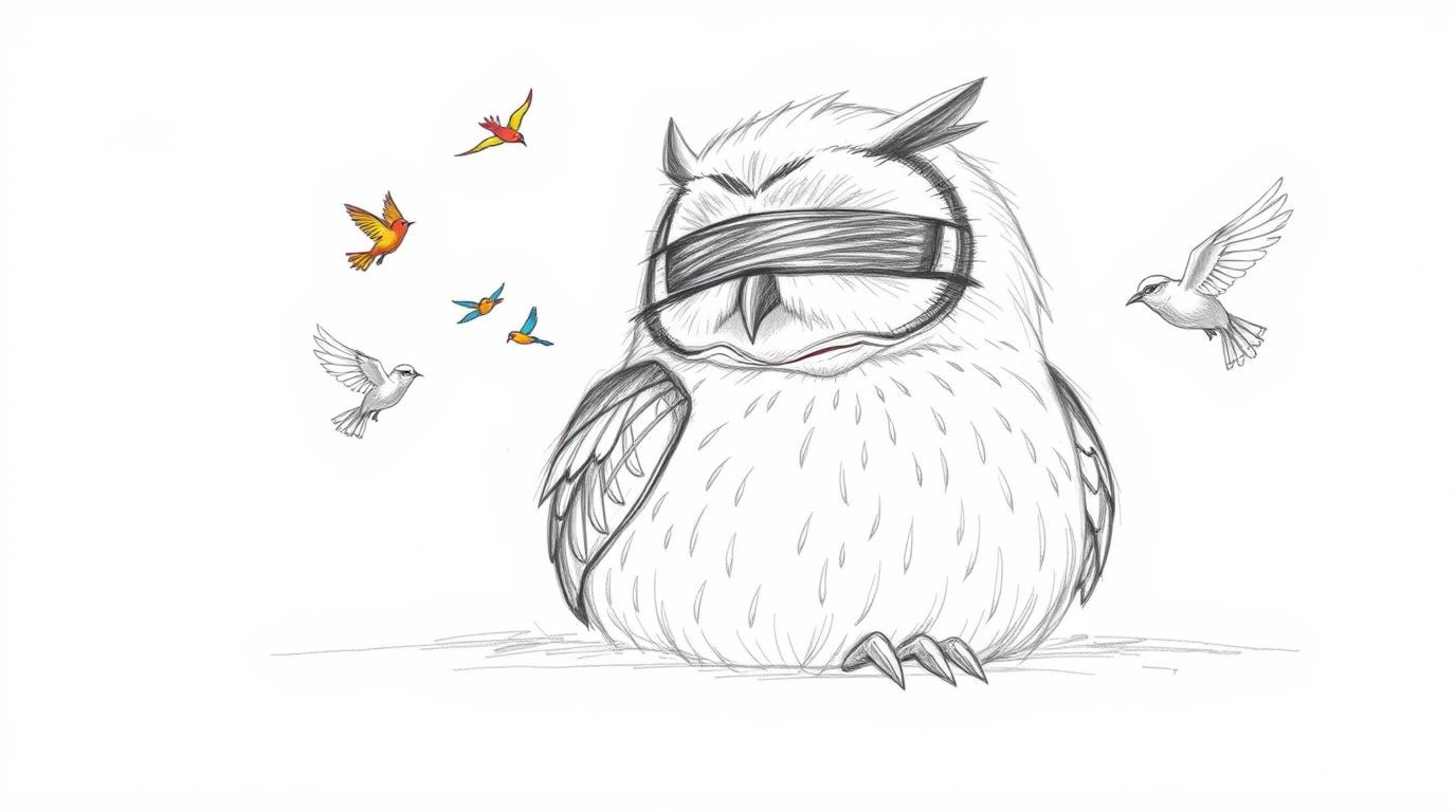This artwork depicts a Pixar-esque, hand-drawn sketch of a large, feathered, blind owl resting serenely while surrounded by s