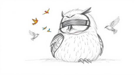 This artwork depicts a Pixar-esque, hand-drawn sketch of a large, feathered, blind owl resting serenely while surrounded by s