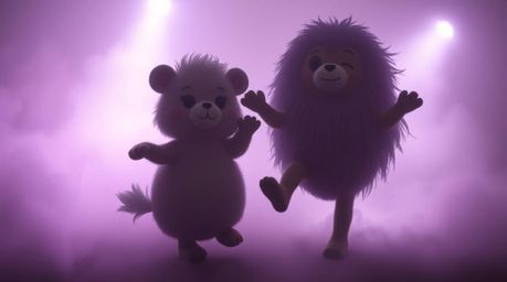 Witness adorable animals dancing in a thick fog illuminated by vibrant disco lights. Low visibility enhances their charming f
