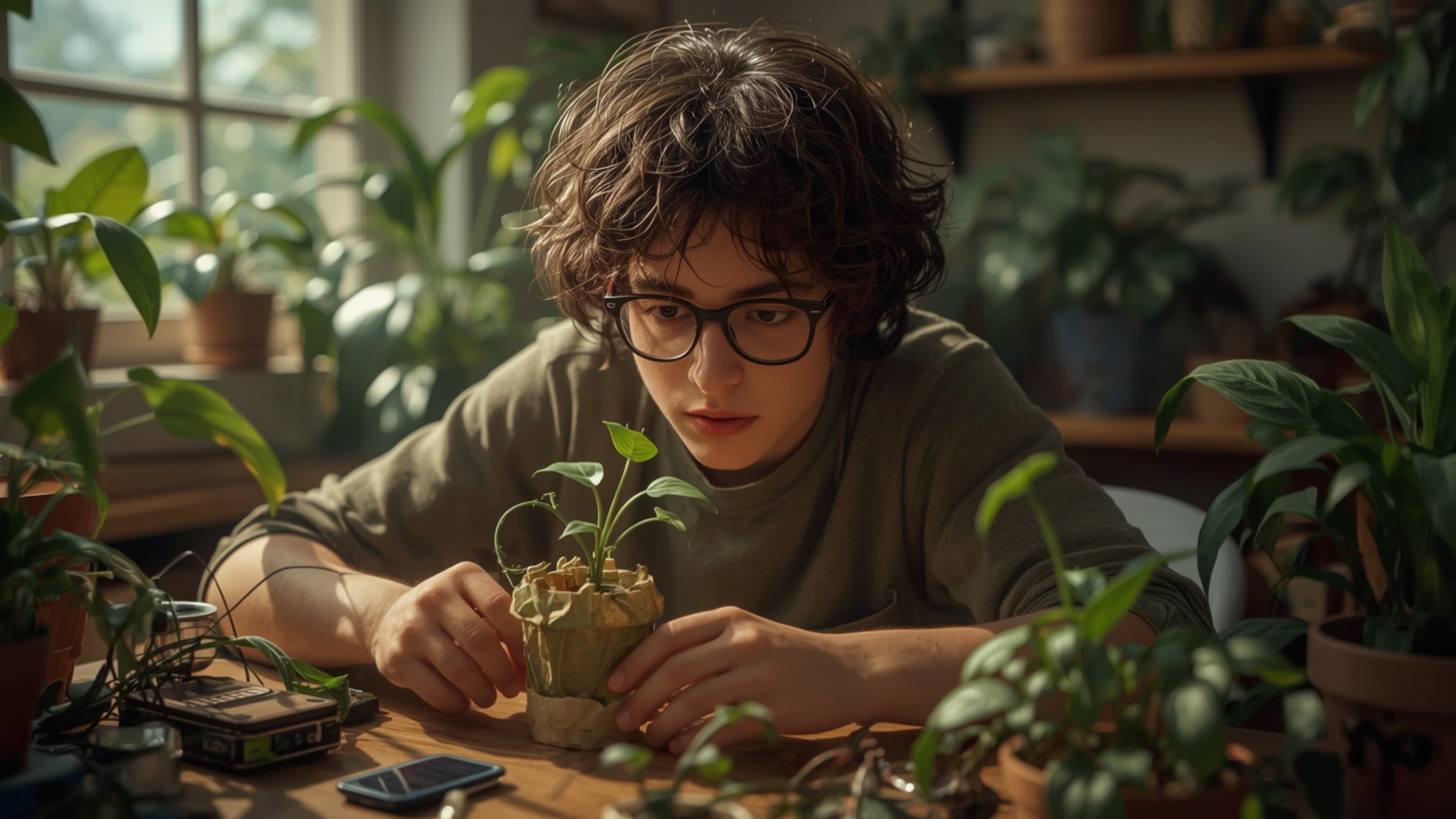 In a highly detailed, cinematic photograph, a bright-eyed, bespectacled homeschooled genius with curly brown hair is intensel
