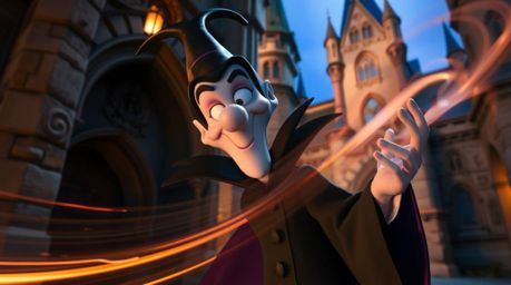 Capture the essence of a charming and adorable classic Disney villain with refined features, casting a spell within the ancie