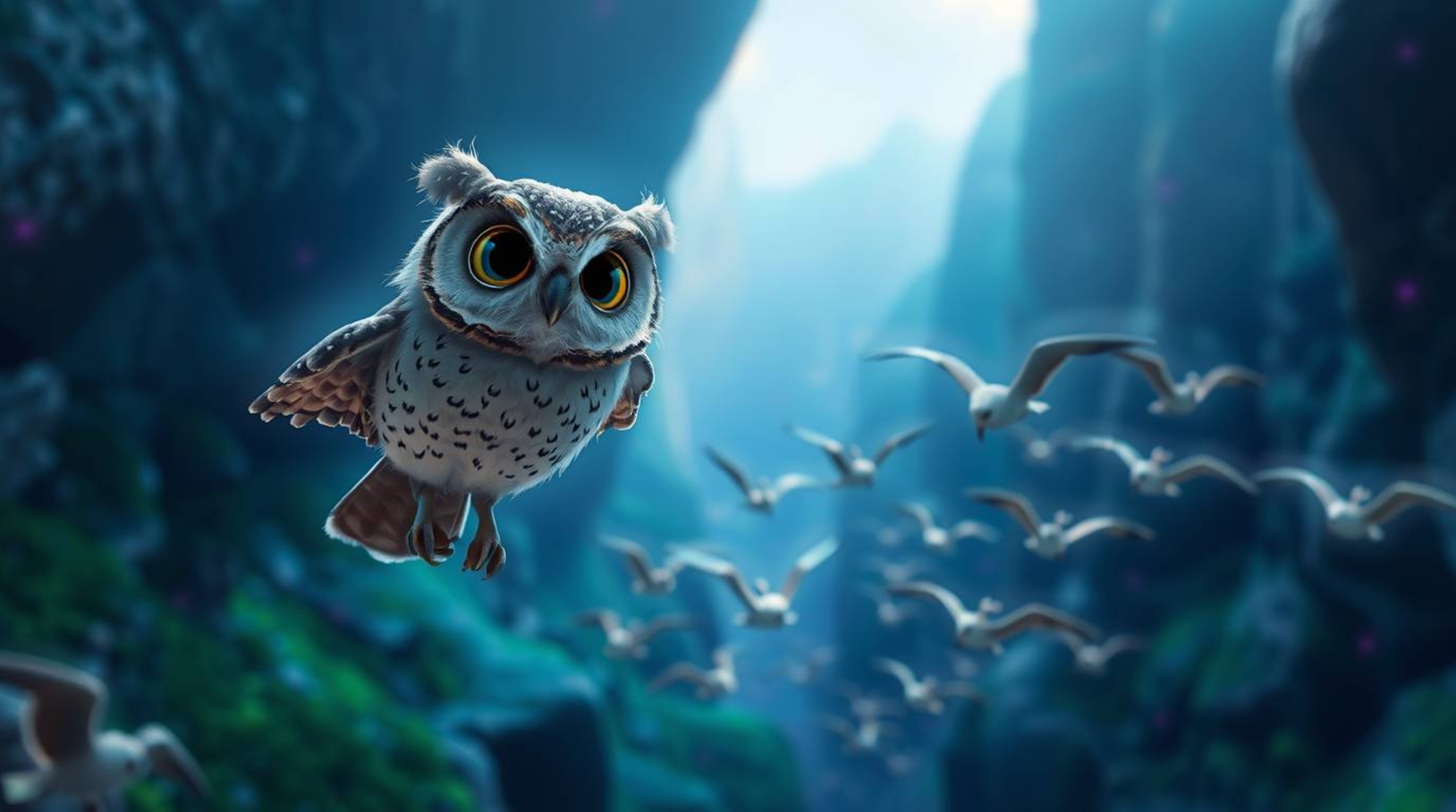 This Pixar-style long exposure photo captures a blind owl, its features soft and expressive, as it leads a flock of birds thr
