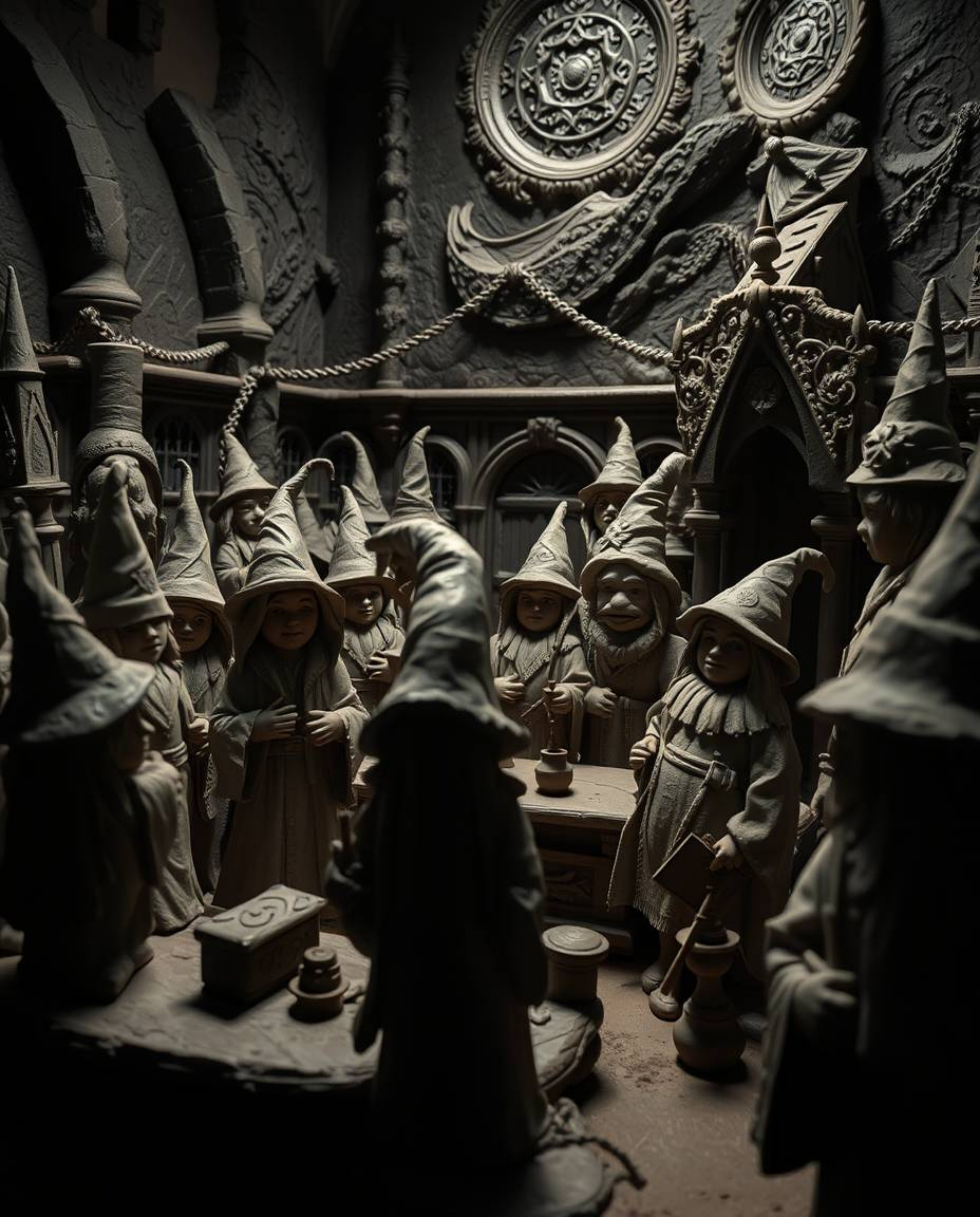 Explore a magical school brought to life with young wizards meticulously sculpted in clay. This captivating artwork utilizes 