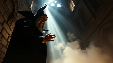 A captivating high-angle shot depicts a classic Disney villain performing a spell within the ancient walls of a castle. Volum