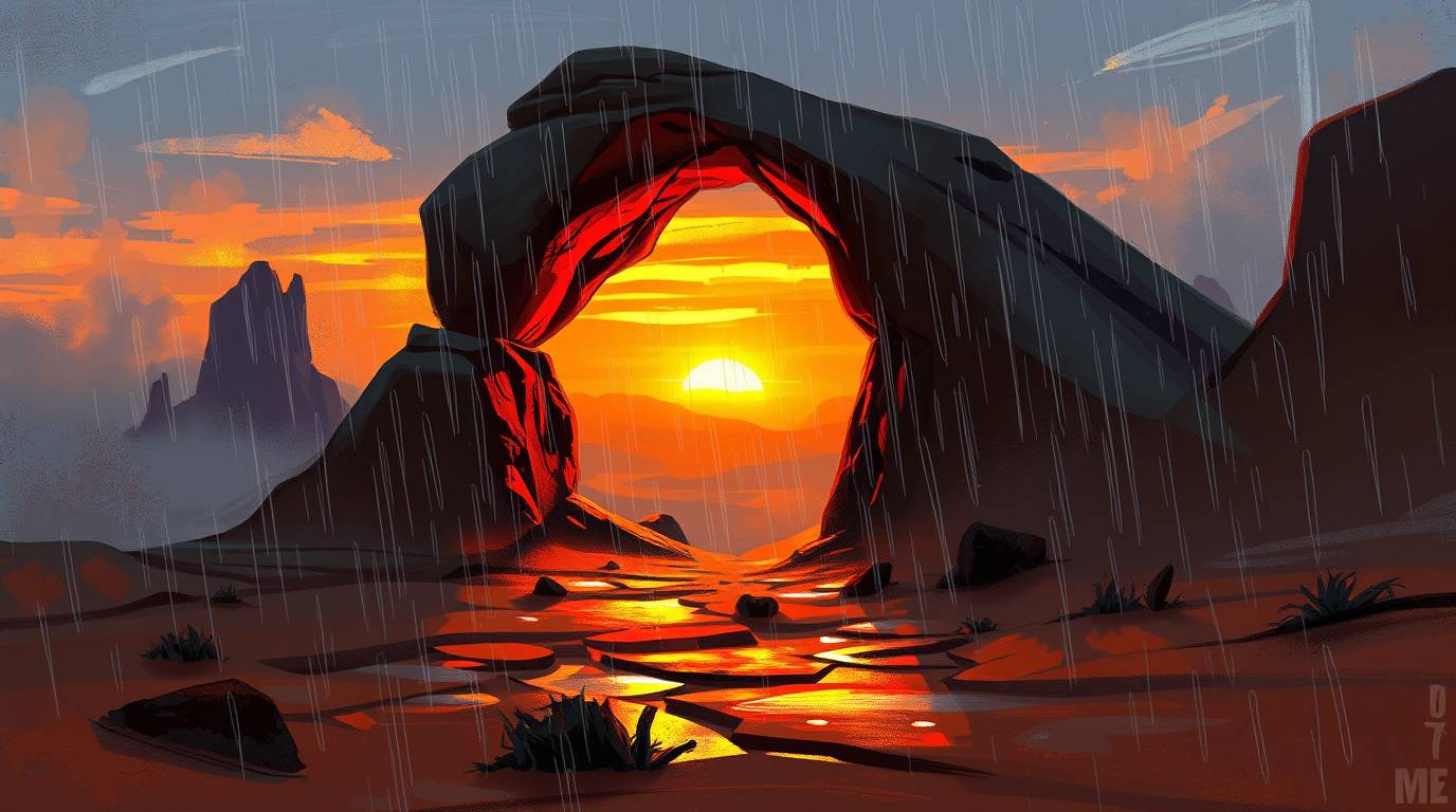 A dynamic digital sketch capturing a desert sunset framed by a natural rock arch in a misty, atmospheric setting. The scene f